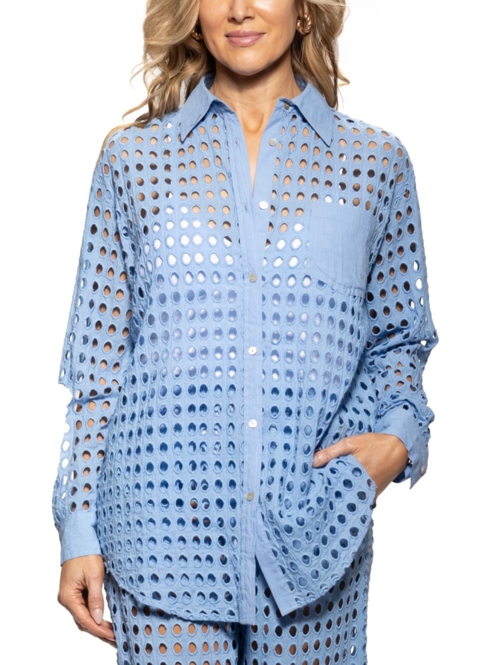 Dotti Women's Cotton Openwork Dot Cover-up Beach Shirt - Light Blue